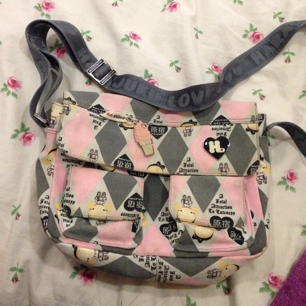 Harajuku Lovers Pink Gray Diamond Print Crossbody Bag